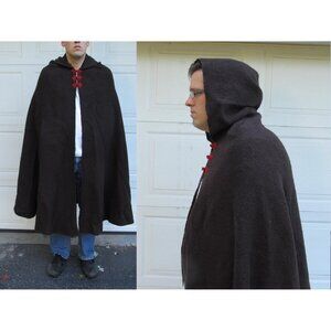 Mens vintage wool cape with red closure, heavy brown hooded wool cape